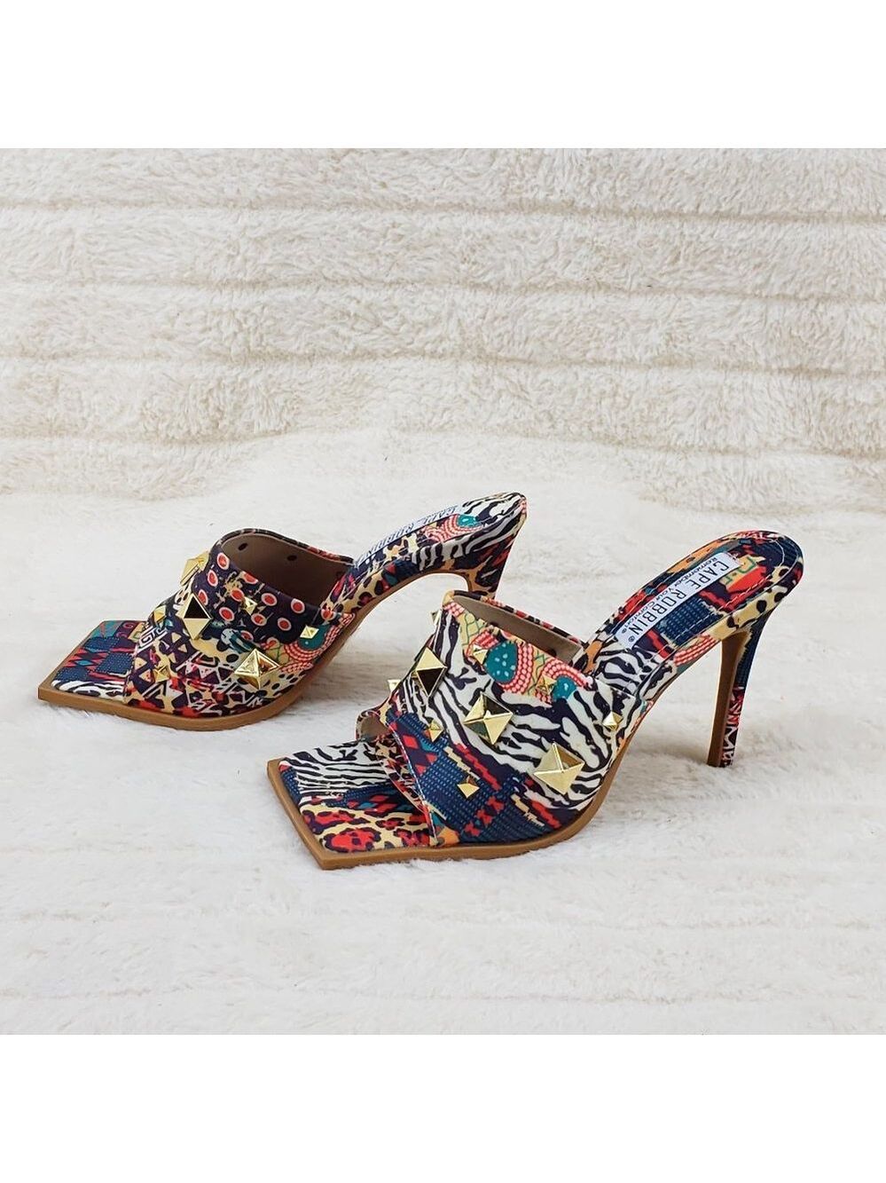 Popo Slip On Sqaure Open Toe High Heels Clogs Mules Slides  multi Color Print